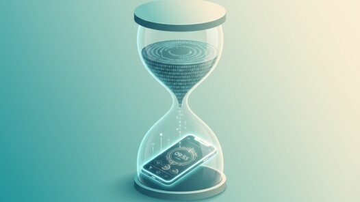 A digital hourglass is centered in a landscape orientation, blending traditional timekeeping with modern technology. Instead of sand, the top bulb is filled with cascading rings of binary code and digital data points. These data points flow through the narrow neck into the bottom bulb, where they transform into a glowing smartphone. The phone screen displays a sophisticated countdown timer and health metrics. The entire graphic uses a professional teal and soft cream color palette, creating a clean, high-tech aesthetic that symbolizes the intersection of artificial intelligence and mortality.