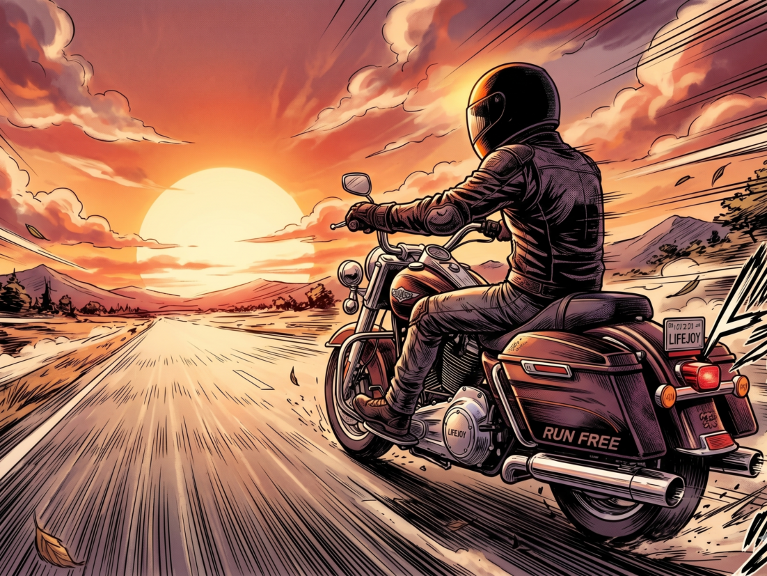 Manga-style illustration of a motorcycle cruiser rider traveling toward a vibrant orange sunset on an open highway. The rider wears a full-face helmet and leather gear, with dynamic motion lines and swirling leaves emphasizing speed and the "run free" spirit of the road.