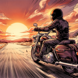 Manga-style illustration of a motorcycle cruiser rider traveling toward a vibrant orange sunset on an open highway. The rider wears a full-face helmet and leather gear, with dynamic motion lines and swirling leaves emphasizing speed and the "run free" spirit of the road.
