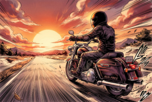 Manga-style illustration of a motorcycle cruiser rider traveling toward a vibrant orange sunset on an open highway. The rider wears a full-face helmet and leather gear, with dynamic motion lines and swirling leaves emphasizing speed and the "run free" spirit of the road.