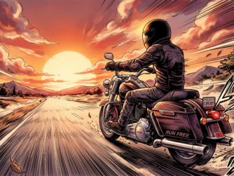 Manga-style illustration of a motorcycle cruiser rider traveling toward a vibrant orange sunset on an open highway. The rider wears a full-face helmet and leather gear, with dynamic motion lines and swirling leaves emphasizing speed and the "run free" spirit of the road.