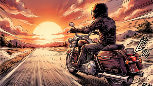 Manga-style illustration of a motorcycle cruiser rider traveling toward a vibrant orange sunset on an open highway. The rider wears a full-face helmet and leather gear, with dynamic motion lines and swirling leaves emphasizing speed and the "run free" spirit of the road.