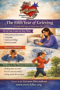 An infographic about coping with loss over time, especially around the 5th year of grieving. It emphasizes that grief can come anytime, anxiety is normal, and walking or any physical activity can help clear the mind.