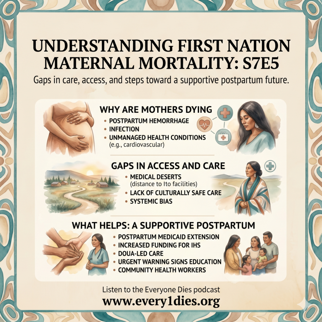 An infographic demonstrates the healthcare crisis for pregnant indigenous women. Why mothers are dying, gaps in access and care, and how community support in the postpartum period can help.