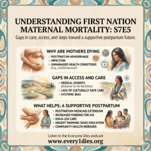 An infographic demonstrates the healthcare crisis for pregnant indigenous women. Why mothers are dying, gaps in access and care, and how community support in the postpartum period can help.