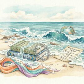 a sandy shoreline where the ocean tide is washing over a collection of personal items. In this episode we feature Jay Leno and his wife Mavis, how things they loved to do together have slipped away along with her memory. Two books, titled "Behind the Burqa" and "Afghanistan" by Louis Dupree, are stacked in the center as a wave flows over them, representing the avid reading and advocacy work Mavis Leno did on behalf of women in Afghanistan. Beside the books rests a delicate silver olive wreath again representing her advocacy work and nomination for a Nobel Peace Prize. In the foreground, a vibrant silk scarf in orange, teal, and purple is partially swirled in the foam. To the right, an Italian restaurant menu and a small desktop globe are being carried away by the water into the sea, symbolizing the "tide" of memory loss.