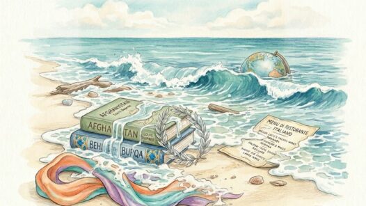 a sandy shoreline where the ocean tide is washing over a collection of personal items. In this episode we feature Jay Leno and his wife Mavis, how things they loved to do together have slipped away along with her memory. Two books, titled "Behind the Burqa" and "Afghanistan" by Louis Dupree, are stacked in the center as a wave flows over them, representing the avid reading and advocacy work Mavis Leno did on behalf of women in Afghanistan. Beside the books rests a delicate silver olive wreath again representing her advocacy work and nomination for a Nobel Peace Prize. In the foreground, a vibrant silk scarf in orange, teal, and purple is partially swirled in the foam. To the right, an Italian restaurant menu and a small desktop globe are being carried away by the water into the sea, symbolizing the "tide" of memory loss.