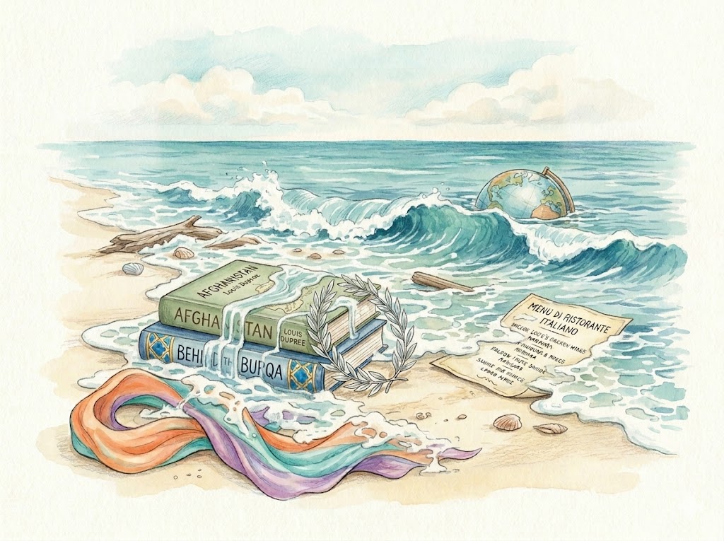 a sandy shoreline where the ocean tide is washing over a collection of personal items. In this episode we feature Jay Leno and his wife Mavis, how things they loved to do together have slipped away along with her memory. Two books, titled "Behind the Burqa" and "Afghanistan" by Louis Dupree, are stacked in the center as a wave flows over them, representing the avid reading and advocacy work Mavis Leno did on behalf of women in Afghanistan. Beside the books rests a delicate silver olive wreath again representing her advocacy work and nomination for a Nobel Peace Prize. In the foreground, a vibrant silk scarf in orange, teal, and purple is partially swirled in the foam. To the right, an Italian restaurant menu and a small desktop globe are being carried away by the water into the sea, symbolizing the "tide" of memory loss.