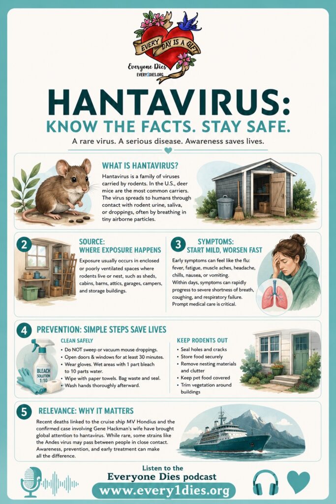 An infographic sharing hantavirus facts and safety tips. It explains what a hantavirus is, the source, symptoms, prevention, and why awareness matters.