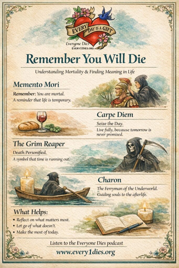 An infographic titled "remember you will die", a translation of Memento Mori. It talks about the definitions of Memento Mori, Carpe Diem, the Grim Reaper, Charon, and how awareness of death helps in life.