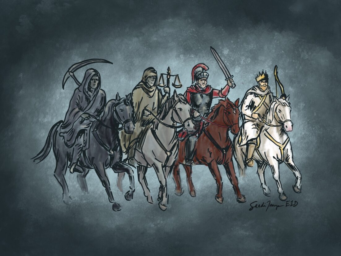 The Four Horsemen of the apocalypse, as described in Revelation 6. They represent conquest, war, famine and death. In S7E10 learn how the Four Horsemen mirror the universal human experiences of scarcity, conflict, and mortality.
