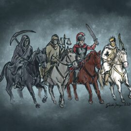 The Four Horsemen of the apocalypse, as described in Revelation 6. They represent conquest, war, famine and death. In S7E10 learn how the Four Horsemen mirror the universal human experiences of scarcity, conflict, and mortality.