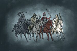 The Four Horsemen of the apocalypse, as described in Revelation 6. They represent conquest, war, famine and death. In S7E10 learn how the Four Horsemen mirror the universal human experiences of scarcity, conflict, and mortality.