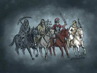 The Four Horsemen of the apocalypse, as described in Revelation 6. They represent conquest, war, famine and death. In S7E10 learn how the Four Horsemen mirror the universal human experiences of scarcity, conflict, and mortality.