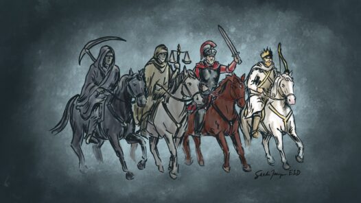 The Four Horsemen of the apocalypse, as described in Revelation 6. They represent conquest, war, famine and death. In S7E10 learn how the Four Horsemen mirror the universal human experiences of scarcity, conflict, and mortality.