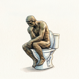 A line art and watercolor of Rodin's sculpture "The Thinker", but modified to be sitting on a white porcelain toilet. We talk about constipation in this episode, and "The Thinker" poses a surprisingly good model for proper extraction posture.