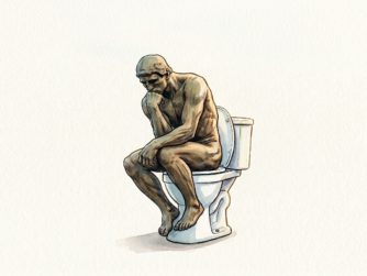 A line art and watercolor of Rodin's sculpture "The Thinker", but modified to be sitting on a white porcelain toilet. We talk about constipation in this episode, and "The Thinker" poses a surprisingly good model for proper extraction posture.