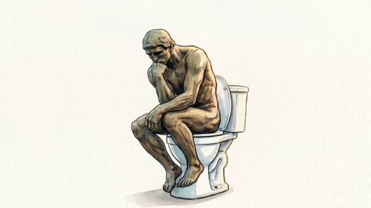 A line art and watercolor of Rodin's sculpture "The Thinker", but modified to be sitting on a white porcelain toilet. We talk about constipation in this episode, and "The Thinker" poses a surprisingly good model for proper extraction posture.
