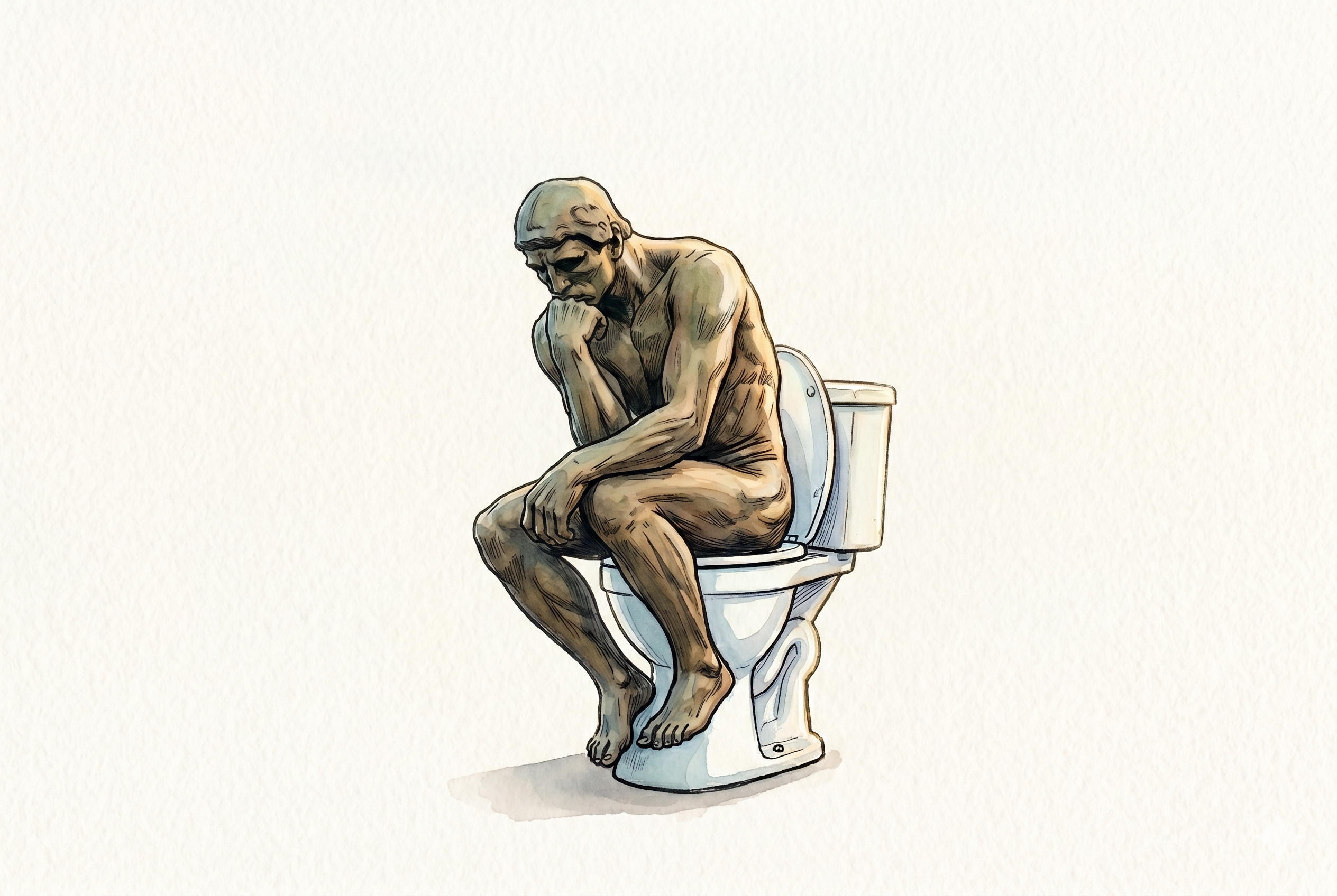 A line art and watercolor of Rodin's sculpture "The Thinker", but modified to be sitting on a white porcelain toilet. We talk about constipation in this episode, and "The Thinker" poses a surprisingly good model for proper extraction posture.