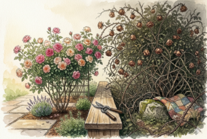 A rampant, unchecked and unhealthy rosebush on the right. A bench with pruning shears sets a divider to a space where the rosebush is pruned, the ungainly growth tamed. The plant is thriving with full blossoms and forms a beautiful centerpiece of a garden. Setting boundaries can be like pruning, and by setting expectations and removing things that make us feel unsafe, we can help ourselves stay healthy and able to avoid burnout.