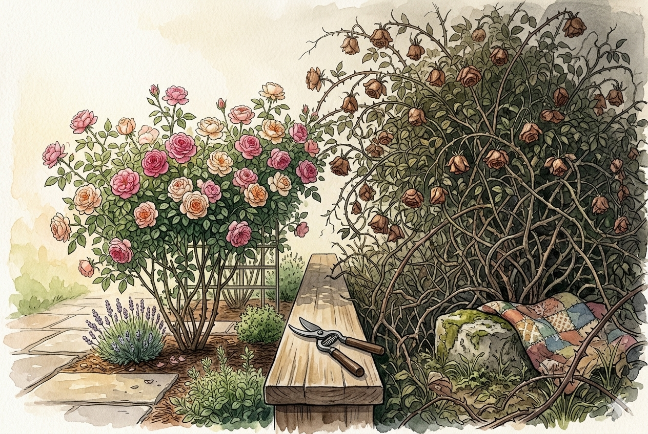 A rampant, unchecked and unhealthy rosebush on the right. A bench with pruning shears sets a divider to a space where the rosebush is pruned, the ungainly growth tamed. The plant is thriving with full blossoms and forms a beautiful centerpiece of a garden. Setting boundaries can be like pruning, and by setting expectations and removing things that make us feel unsafe, we can help ourselves stay healthy and able to avoid burnout.