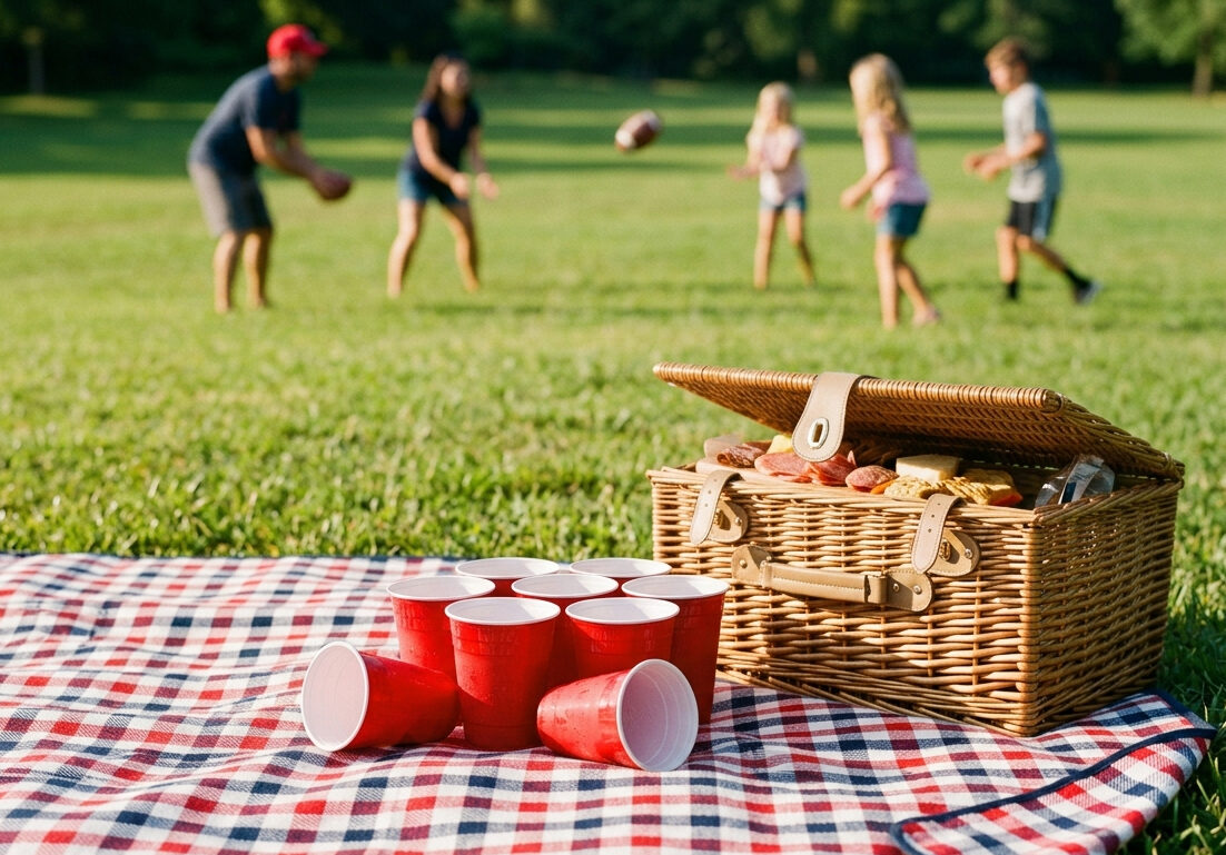 A summer picnic with red, white and blue blanket, wicker basket, and solo cups. A family is enjoying a game of football catch in the distance. We talk about how Ben Sasse approaches his terminal pancreatic cancer path in this episode.