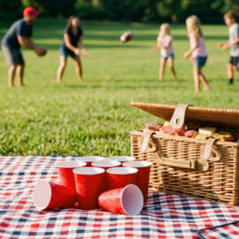 A summer picnic with red, white and blue blanket, wicker basket, and solo cups. A family is enjoying a game of football catch in the distance. We talk about how Ben Sasse approaches his terminal pancreatic cancer path in this episode.