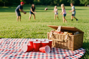 A summer picnic with red, white and blue blanket, wicker basket, and solo cups. A family is enjoying a game of football catch in the distance. We talk about how Ben Sasse approaches his terminal pancreatic cancer path in this episode.