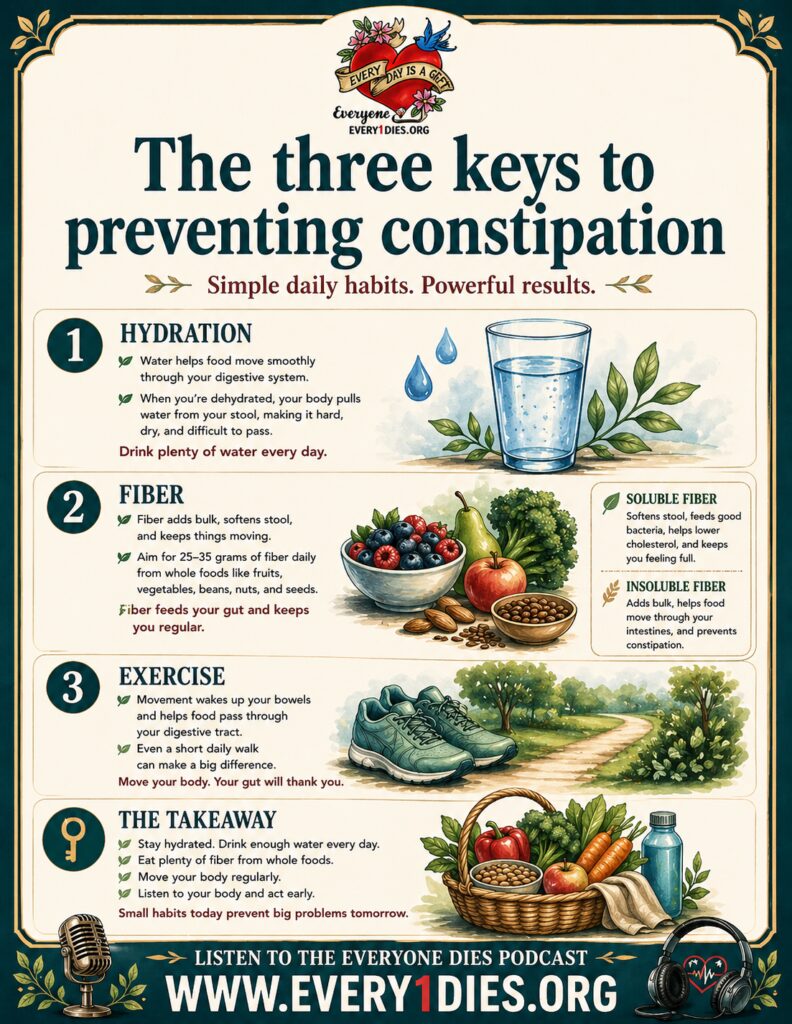 An infographic with the keys to preventing constipation, important for anyone that has had abdominal surgery or on GLP-1 medications. Hydration, fiber, and exercise are the habits to have to improve your bowels functioning.