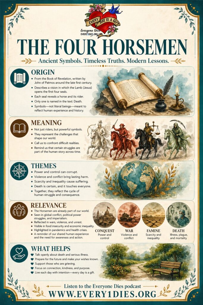 An infographic from the Everyone Dies podcast titled "The Four Horsemen," breaking down the historical origins, symbolic meanings, modern relevance, and coping strategies for navigating global struggles and mortality.