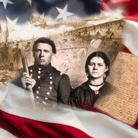 Sullivan and Sarah Ballou and a representation of the famous letter he wrote to her before he died at the First Battle of Bull Run.