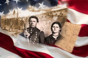 Sullivan and Sarah Ballou and a representation of the famous letter he wrote to her before he died at the First Battle of Bull Run.