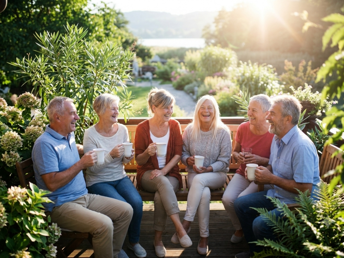 A group of middle-aged friends laughing and enjoying coffee in morning sunlight on a terrace. Learn about making friends in later years in this S7E15 episode.
