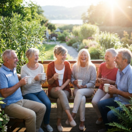 A group of middle-aged friends laughing and enjoying coffee in morning sunlight on a terrace. Learn about making friends in later years in this S7E15 episode.