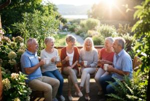 A group of middle-aged friends laughing and enjoying coffee in morning sunlight on a terrace. Learn about making friends in later years in this S7E15 episode.