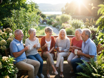 A group of middle-aged friends laughing and enjoying coffee in morning sunlight on a terrace. Learn about making friends in later years in this S7E15 episode.