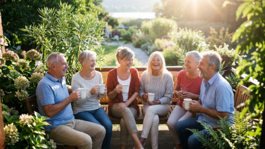 A group of middle-aged friends laughing and enjoying coffee in morning sunlight on a terrace. Learn about making friends in later years in this S7E15 episode.