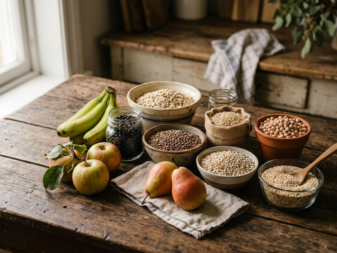 A farmhouse table set with food items that are especially rich in fibers that feed our gut microbiome. Learn why this is important and how to make small changes in S7E17 on feeding your microbiome.