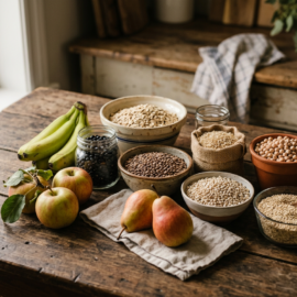 A farmhouse table set with food items that are especially rich in fibers that feed our gut microbiome. Learn why this is important and how to make small changes in S7E17 on feeding your microbiome.