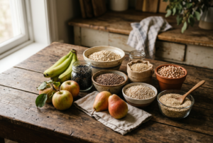 A farmhouse table set with food items that are especially rich in fibers that feed our gut microbiome. Learn why this is important and how to make small changes in S7E17 on feeding your microbiome.