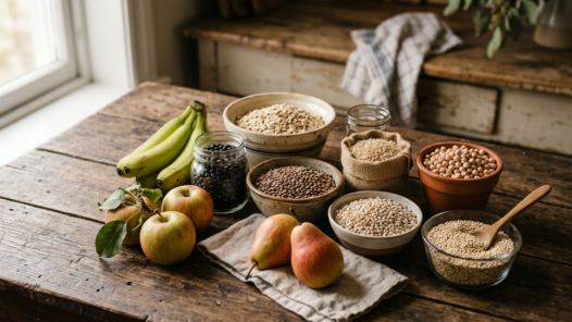 A farmhouse table set with food items that are especially rich in fibers that feed our gut microbiome. Learn why this is important and how to make small changes in S7E17 on feeding your microbiome.