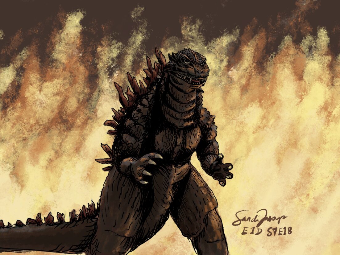 An ink art of Godzilla poised in front of a wall of flames. We talk about spousal caregiving can become a Godzilla if early measures are not taken in S7E18.