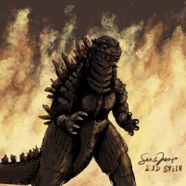 An ink art of Godzilla poised in front of a wall of flames. We talk about spousal caregiving can become a Godzilla if early measures are not taken in S7E18.