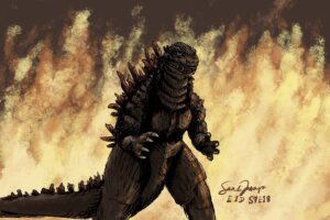 An ink art of Godzilla poised in front of a wall of flames. We talk about spousal caregiving can become a Godzilla if early measures are not taken in S7E18.