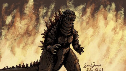 An ink art of Godzilla poised in front of a wall of flames. We talk about spousal caregiving can become a Godzilla if early measures are not taken in S7E18.