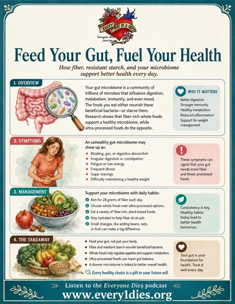 An infographic that explains that fiber and resistant starch nourish beneficial bacteria, while ultra-processed foods can harm gut balance. Learn why in this S7E17 episode of Everyone Dies https://every1dies.org