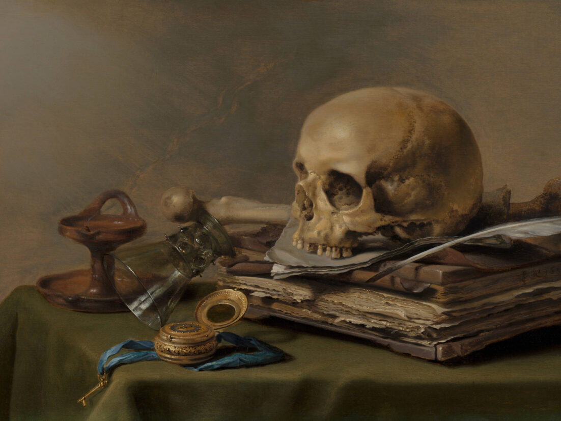 A painting in the vanitas tradition of a skull, tipped wineglass, timepiece, and book. Vanitas teaches us to be reminiscent of our mortality, or "Memento mori." (Pieter Claesz, Vanitas Still Life | Mauritshuis)