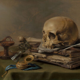A painting in the vanitas tradition of a skull, tipped wineglass, timepiece, and book. Vanitas teaches us to be reminiscent of our mortality, or "Memento mori." (Pieter Claesz, Vanitas Still Life | Mauritshuis)