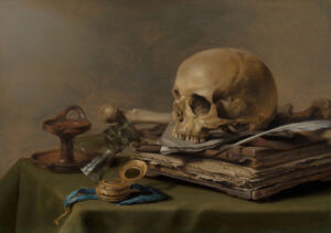 A painting in the vanitas tradition of a skull, tipped wineglass, timepiece, and book. Vanitas teaches us to be reminiscent of our mortality, or "Memento mori." (Pieter Claesz, Vanitas Still Life | Mauritshuis)