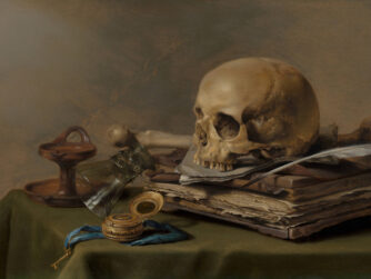 A painting in the vanitas tradition of a skull, tipped wineglass, timepiece, and book. Vanitas teaches us to be reminiscent of our mortality, or "Memento mori." (Pieter Claesz, Vanitas Still Life | Mauritshuis)